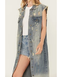 Veveret Women's Long Distressed Denim Vest