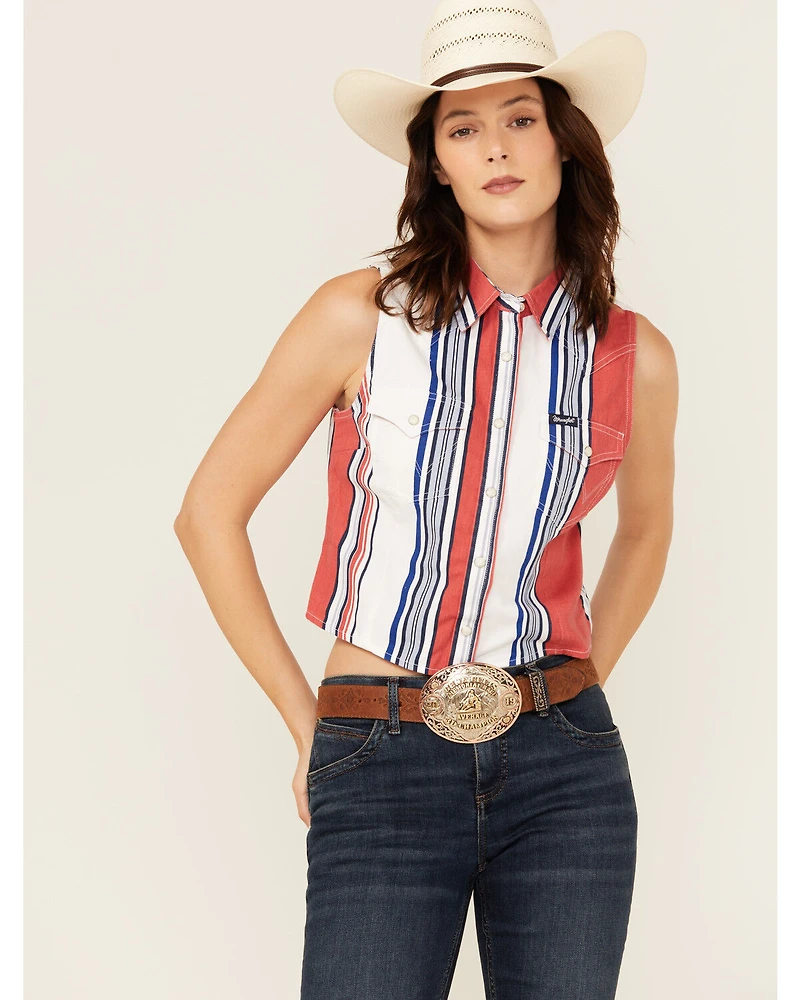 Wrangler Retro Women's Striped Print Sleeveless Snap Cropped Western Shirt