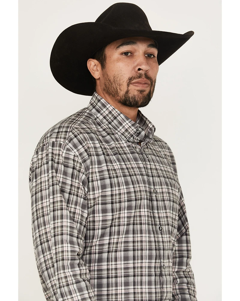 Wrangler Men's Bucking Cancer Plaid Print Long Sleeve Button-Down Western Shirt - Tall