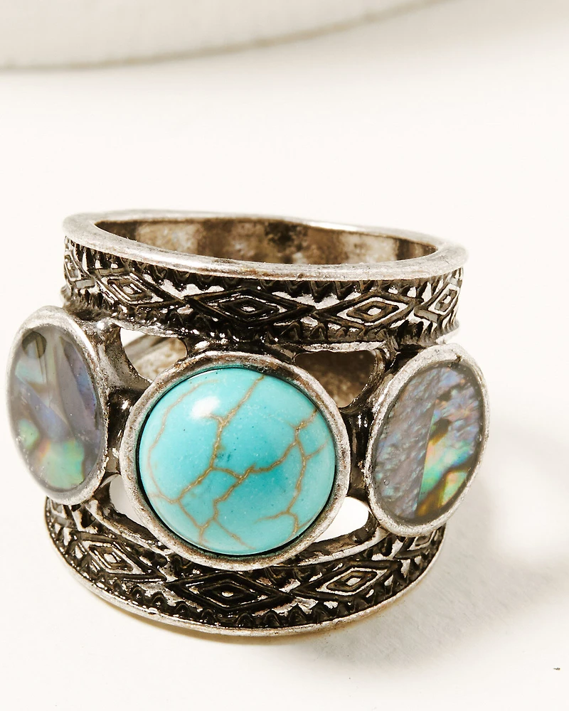 Shyanne Women's Silver Longhorn & Turquoise Abalone 5-piece Ring Set