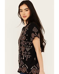 Johnny Was Women's Geo Print Embroidered Short Sleeve Tee