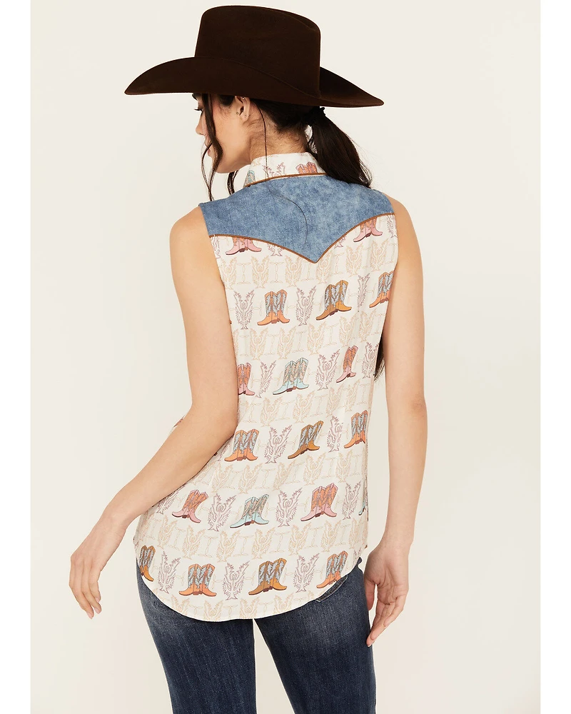 Panhandle Women's Boot Print Sleeveless Pearl Snap Western Shirt