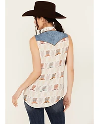 Panhandle Women's Boot Print Sleeveless Pearl Snap Western Shirt