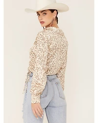 Lush Women's Taupe Star Print Cinch Front Long Sleeve Crop Top