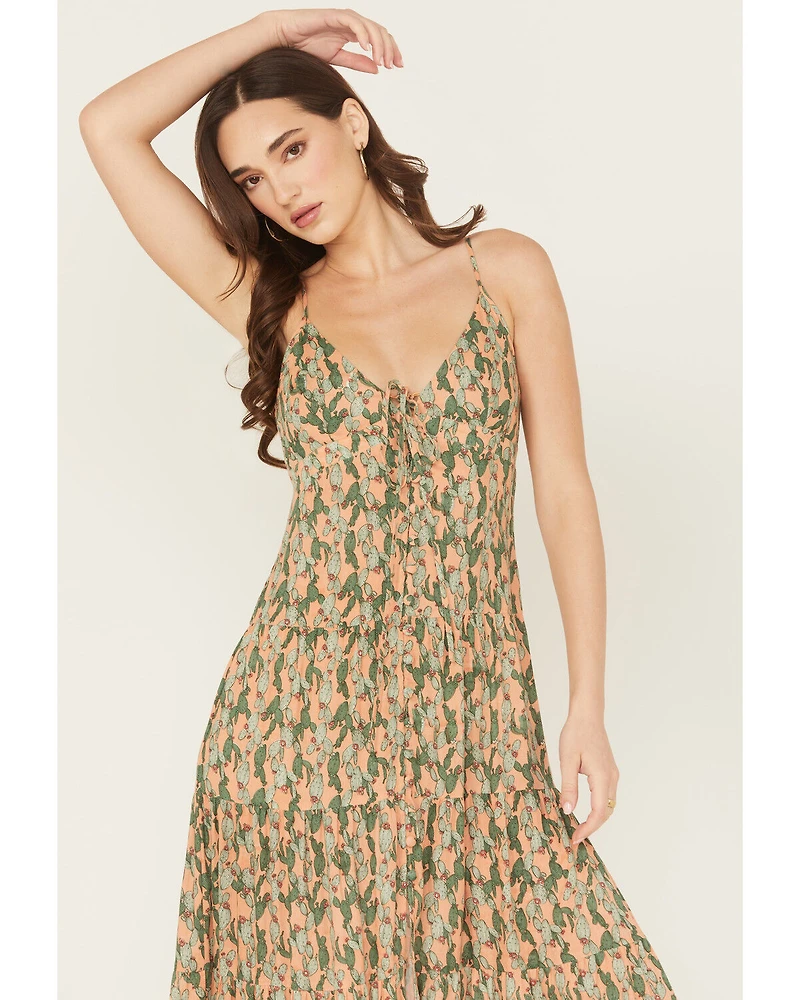 Rock & Roll Denim Women's Cactus Print Sleeveless Maxi Dress