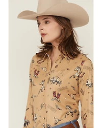 Shyanne Women's Conversational Western Print Faux Suede Long Sleeve Button-Down Shirt