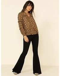 Mystree Women's Leopard Foil Puff Sleeve Blouse Top