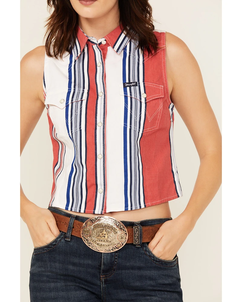Wrangler Retro Women's Striped Print Sleeveless Snap Cropped Western Shirt