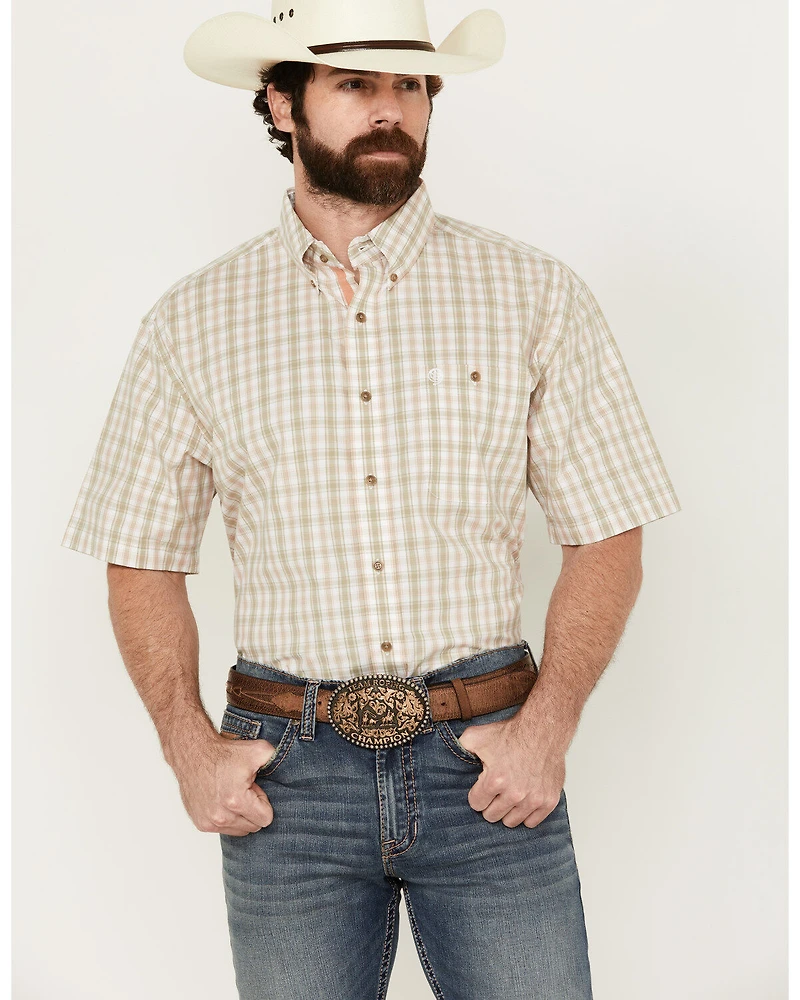 George Strait by Wrangler Men's Plaid Print Short Sleeve Button-Down Stretch Western Shirt