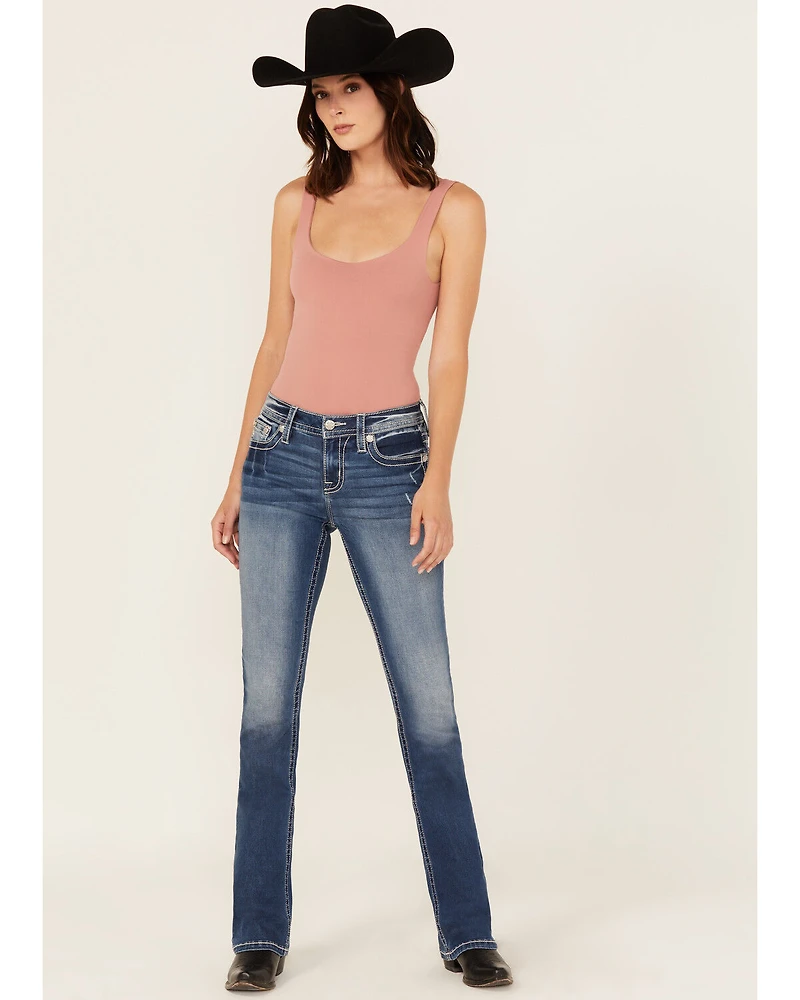 Miss Me Women's Medium Wash Mid Rise Steer Head 34" Bootcut Stretch Denim Jeans