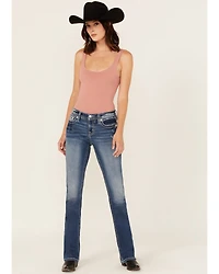 Miss Me Women's Medium Wash Mid Rise Steer Head 34" Bootcut Stretch Denim Jeans