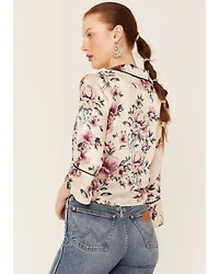 June & Hudson Women's Long Sleeve Satin Floral Tie Front Shirt