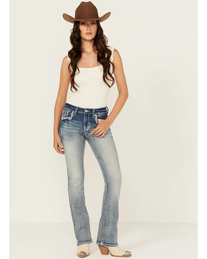 Shyanne Women's Embroidered Pocket Light Wash Mid Rise Bootcut Stretch Denim Jeans
