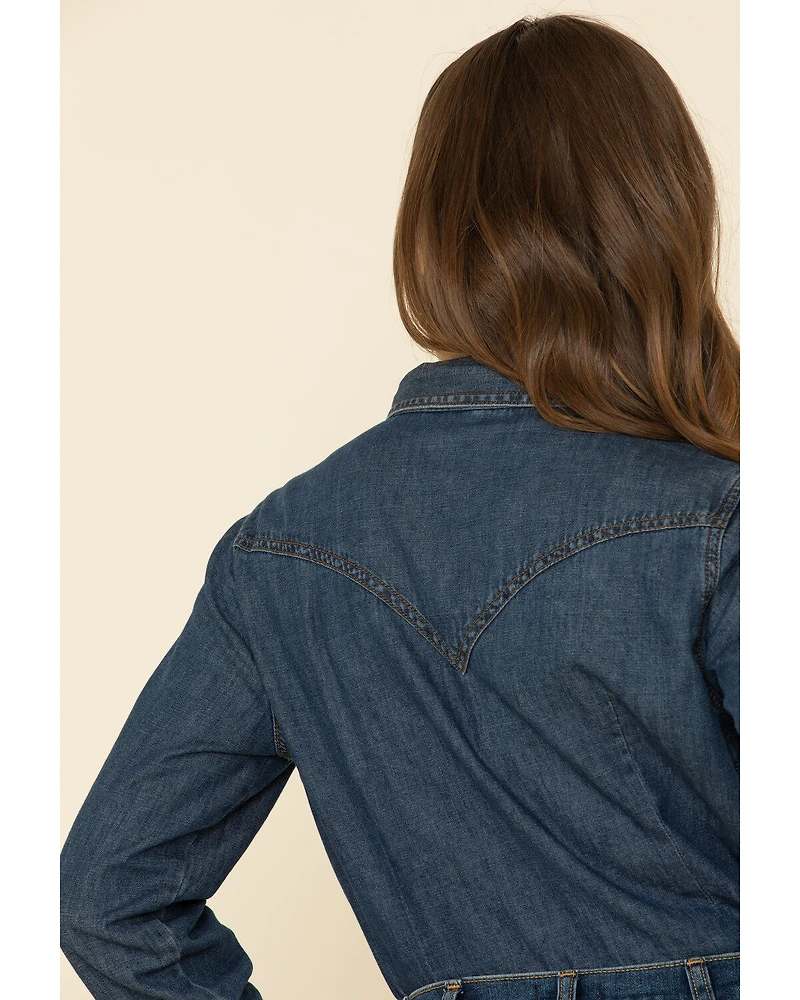 Wrangler Women's Dark Wash Long Sleeve Pearl Snap Denim Western Shirt