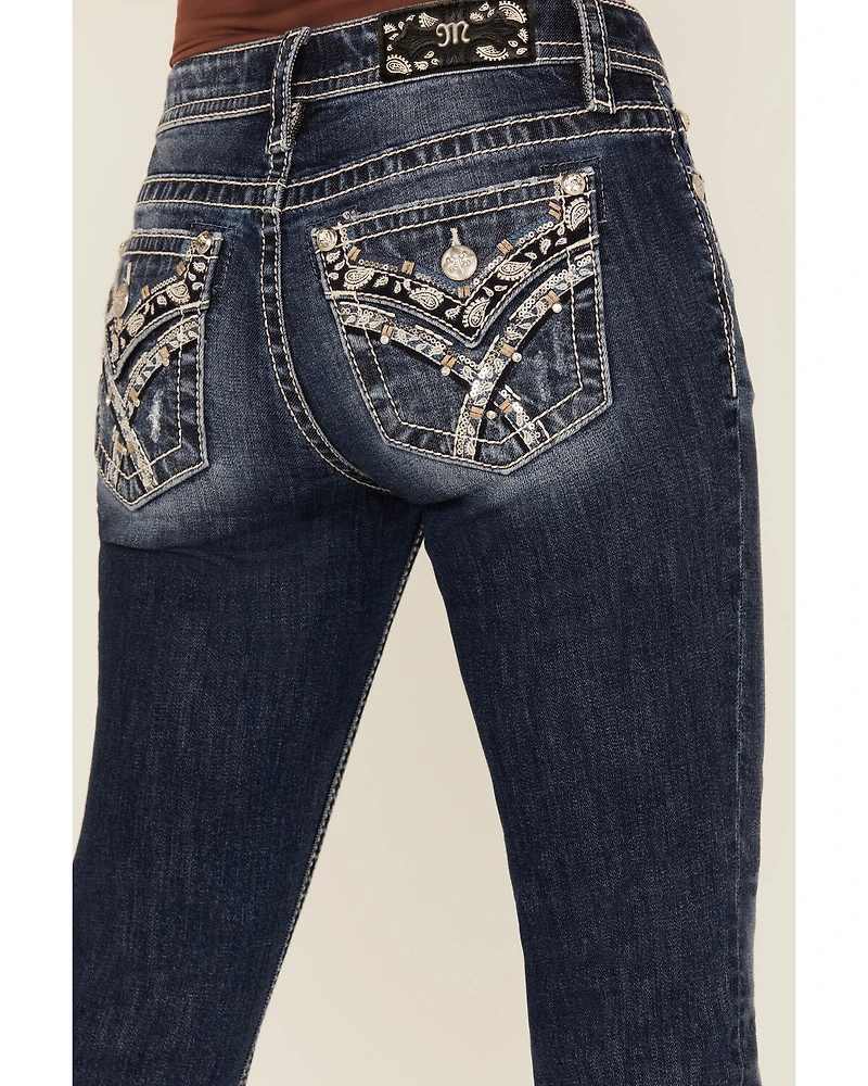 Miss Me Women's Dark Wash Mid Rise Paisley Pocket 32" Bootcut Stretch Denim Jeans
