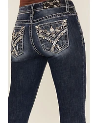 Miss Me Women's Dark Wash Mid Rise Paisley Pocket 32" Bootcut Stretch Denim Jeans