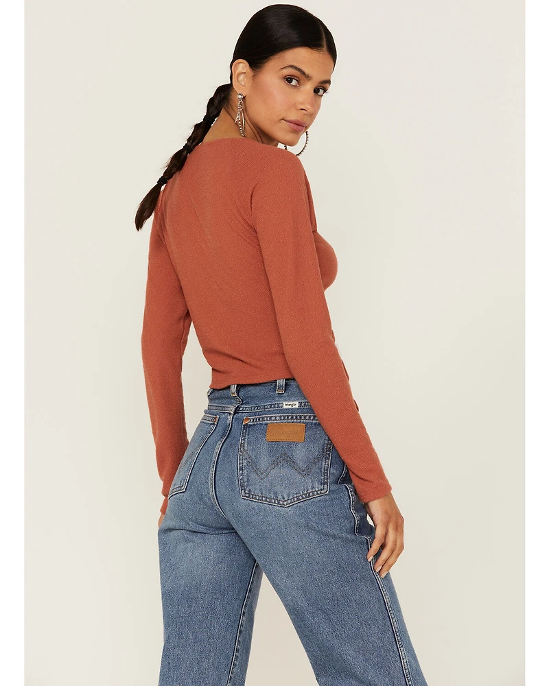 Lush Women's Brick Long Sleeve Cinch Front Knit Top