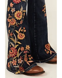 Grace LA Girls' Dark Wash Floral Embroidery Flare Stretch Denim Jeans