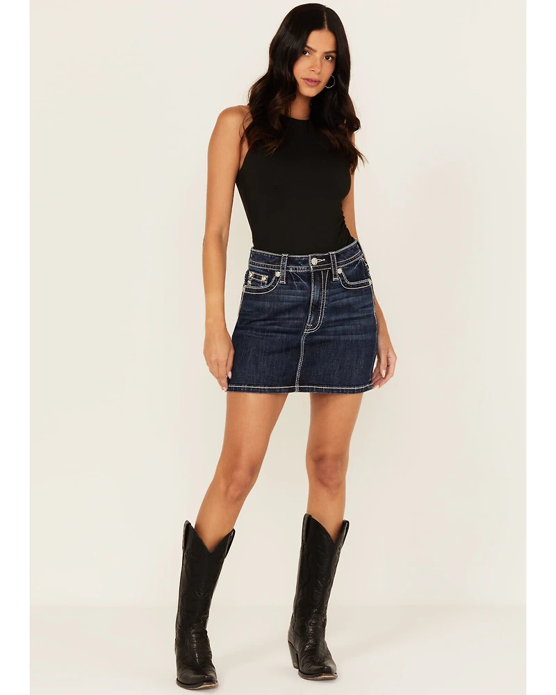 Miss Me Women's Dark Wash Embroidered Pocket Stretch Denim Mini Skirt