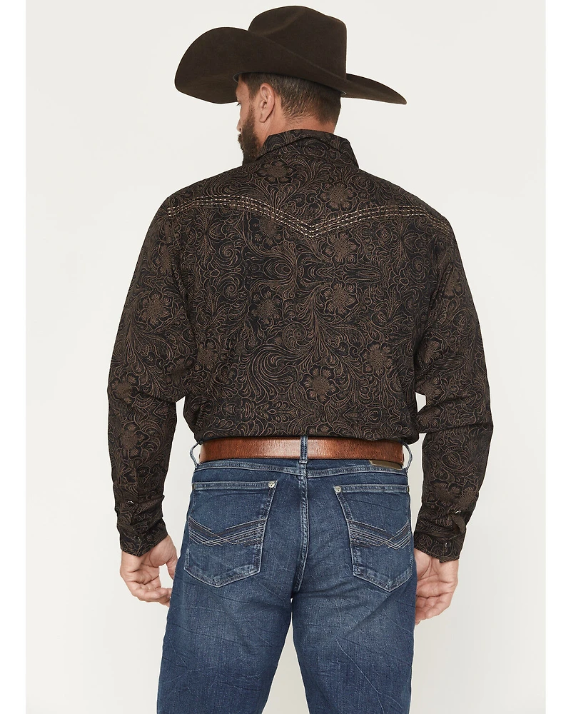 Cowboy Hardware Men's Tooled Floral Print Long Sleeve Snap Stretch Western Shirt
