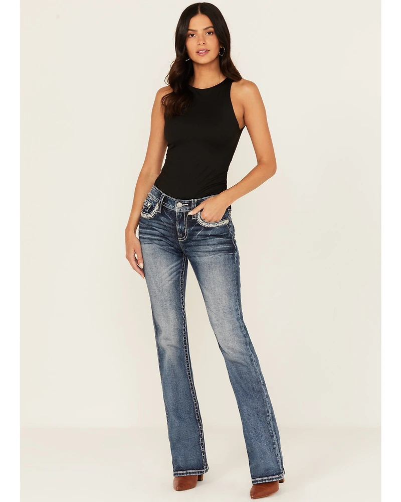 Miss Me Women's Medium Wash Embroidered 32" Bootcut Stretch Denim Jeans