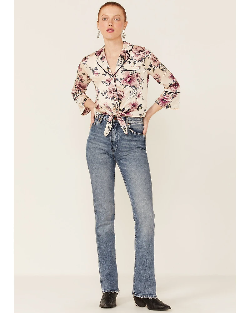 June & Hudson Women's Long Sleeve Satin Floral Tie Front Shirt