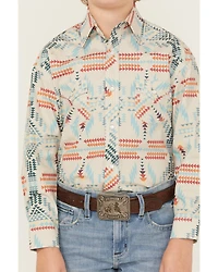 Rock & Roll Denim Boys' Southwestern Print Long Sleeve Pearl Snap Stretch Western Shirt