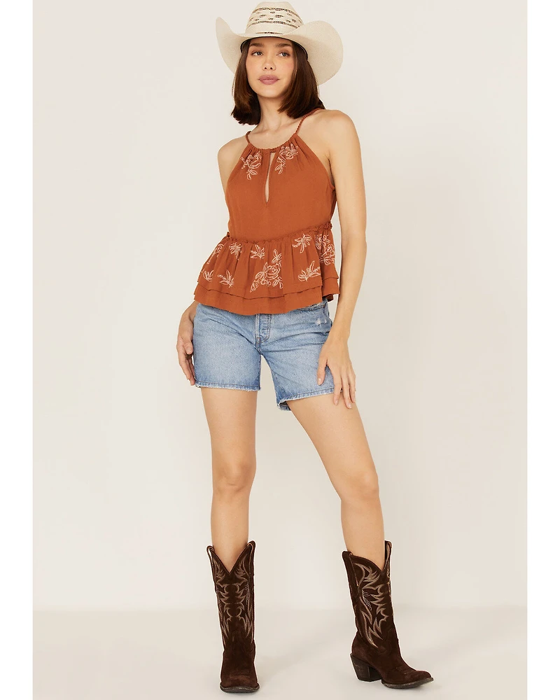 Shyanne Women's Textured Ruffle Embroidered Halter Keyhole Tank Top