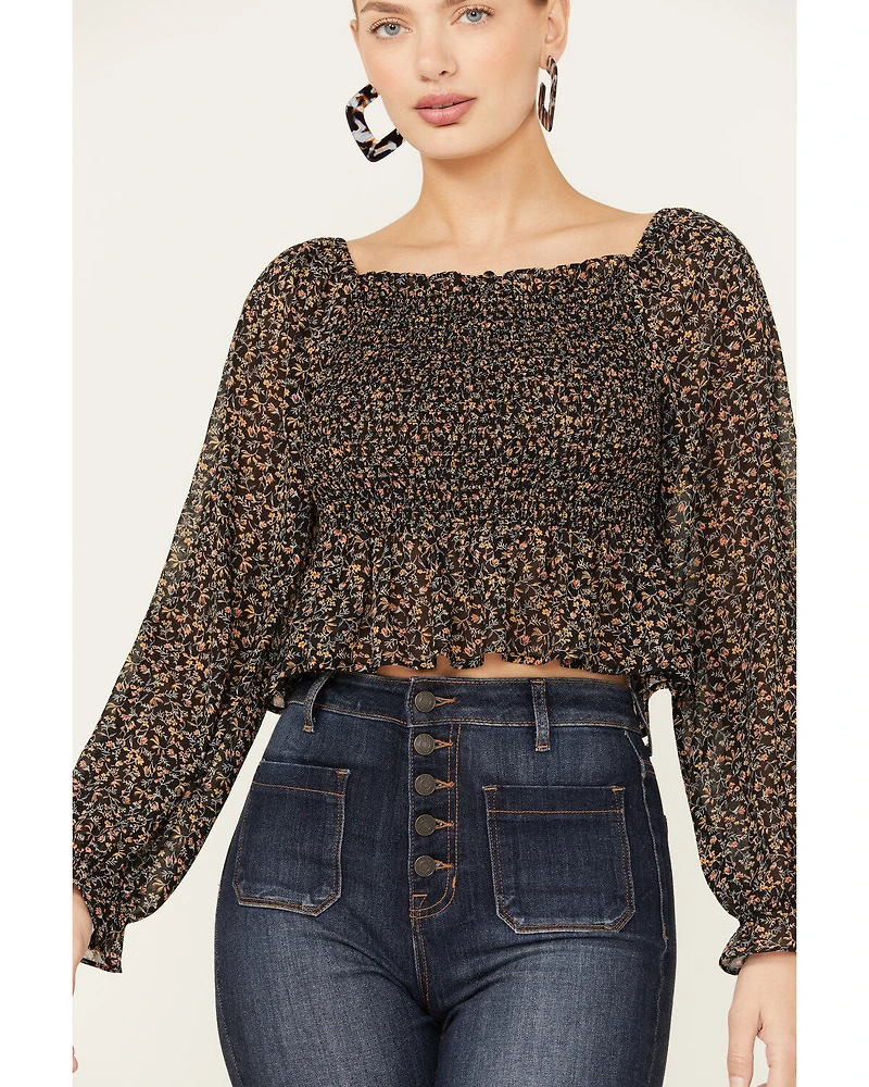 Beyond The Radar Women's Floral Smocked Off Shoulder Woven Long Sleeve Top