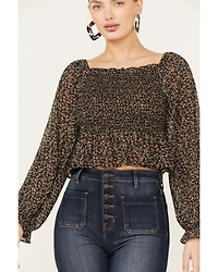 Beyond The Radar Women's Floral Smocked Off Shoulder Woven Long Sleeve Top