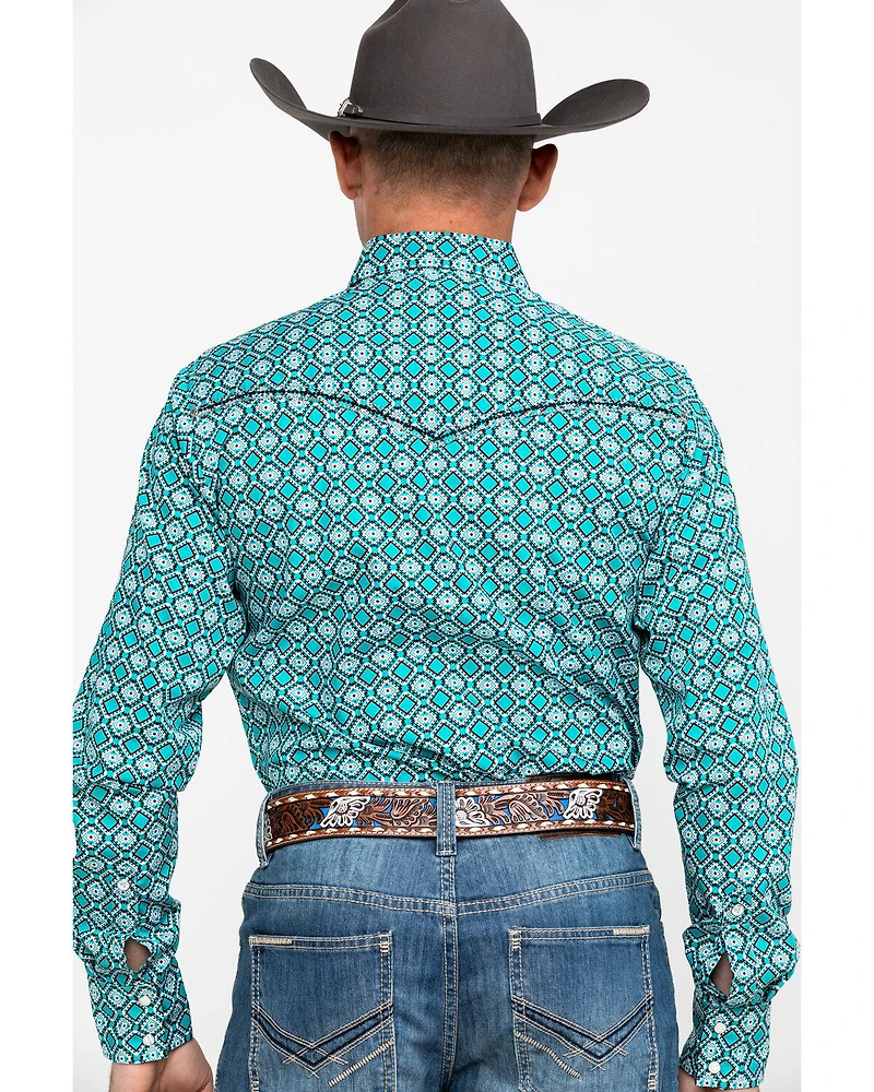 Rock 47 By Wrangler Men's Teal Geo Print Long Sleeve Western Shirt