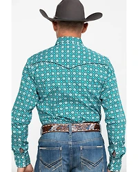 Rock 47 By Wrangler Men's Teal Geo Print Long Sleeve Western Shirt
