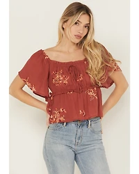 Wild Moss Women's Floral Embroidered Short Sleeve Peplum Top
