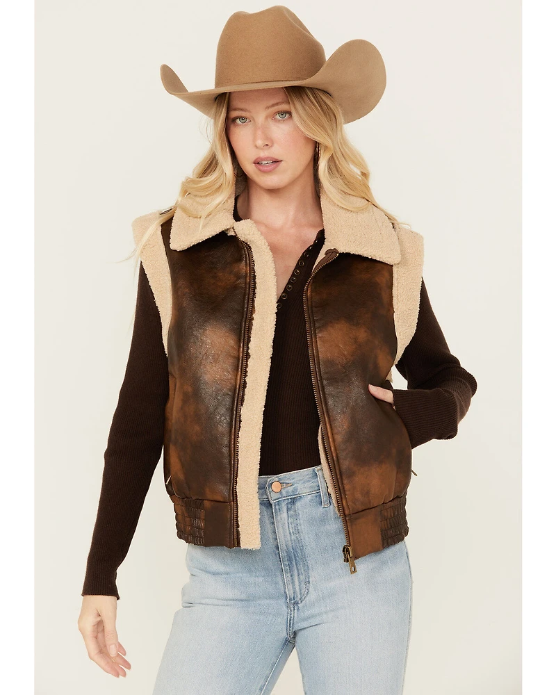 26 International Women's Faux Leather Aviator Sherpa Vest