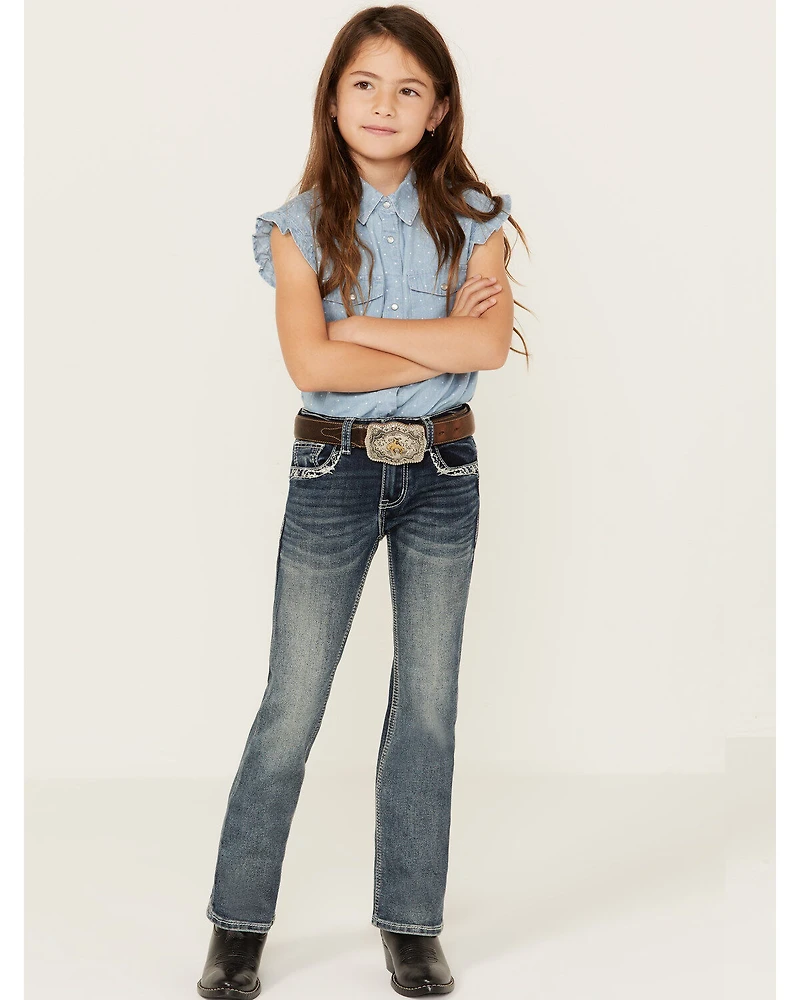 Grace LA Little Girls' Medium Wash Steer Head Pocket Stretch Bootcut Jeans