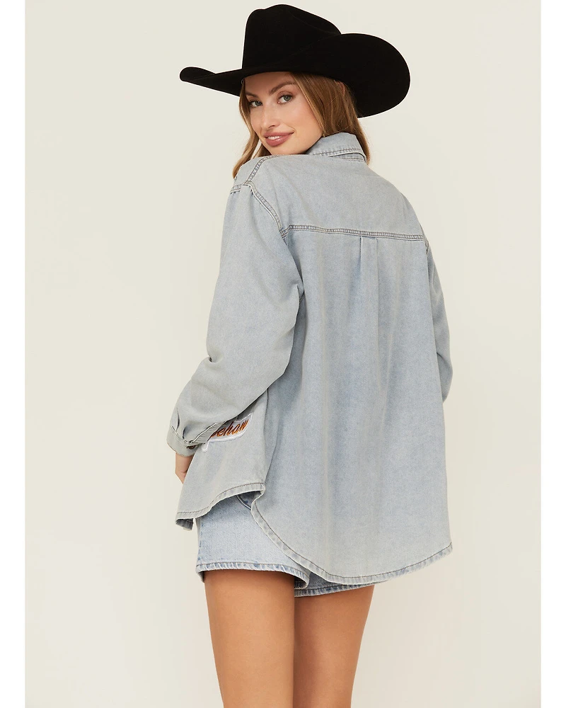Blue B Women's Light Wash Denim Western Patchwork Long Sleeve Button-Down Shirt