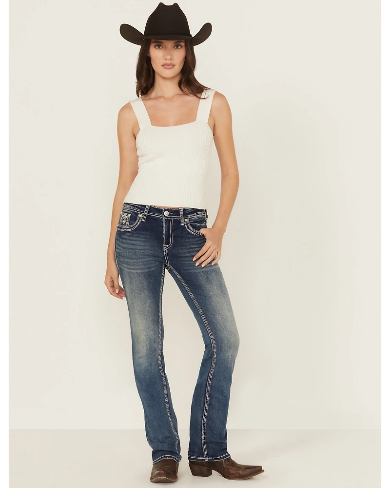 Grace LA Women's Medium Wash Geo Print Embroidered Bootcut Stretch Denim Jeans