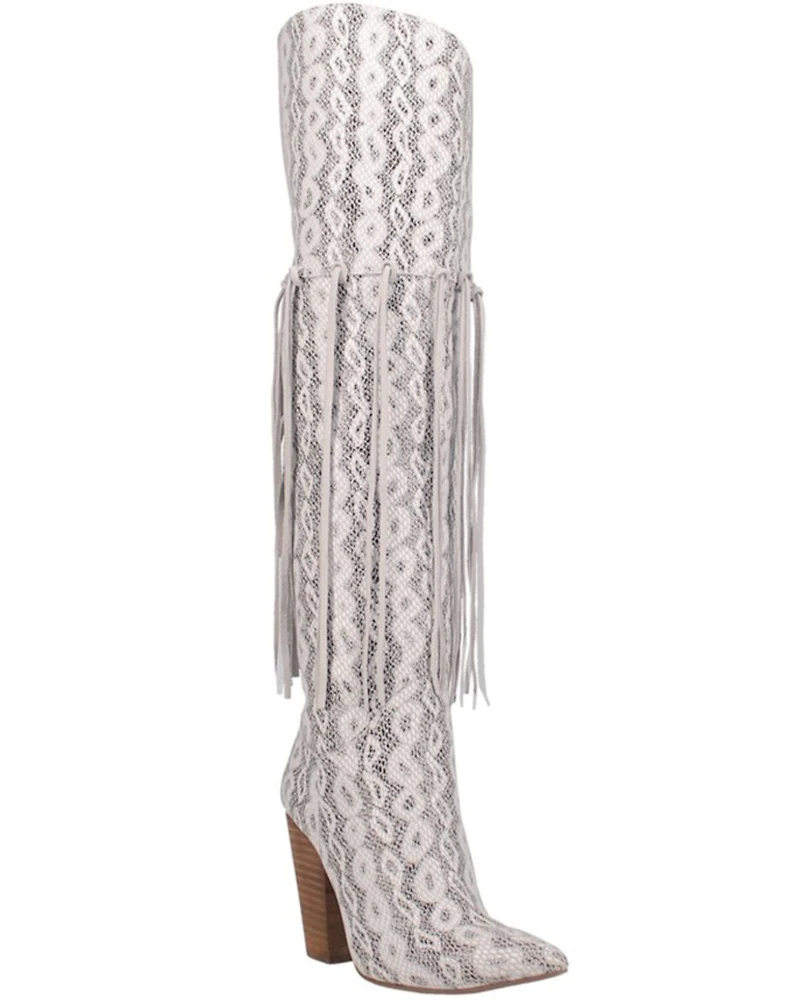 Dingo Women's Kitty Kat Snake Print Fringe Tall Western Boot - Round Toe
