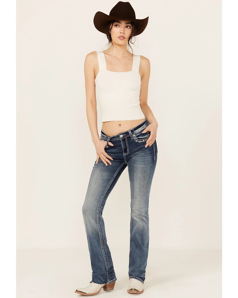 Grace LA Women's Medium Wash Faux Flap Pocket Mid Rise Bootcut Stretch Denim Jeans