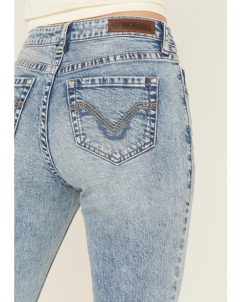 Rock & Roll Denim Women's Medium Wash Mid Rise Distressed Bootcut Stretch Jeans