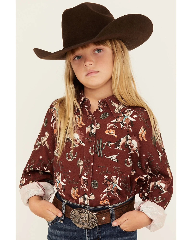 Rock & Roll Denim Girls' Conversational Print Long Sleeve Button-Down Western Shirt