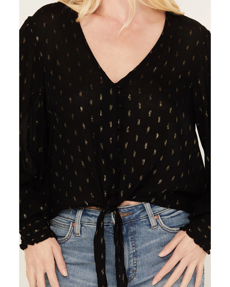 Wrangler Retro Women's Tie Front Poet Sleeve Cropped Blouse