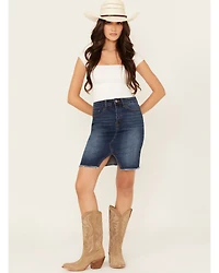 Vervet Women's Dark Wash Raw Hem Mini Skirt