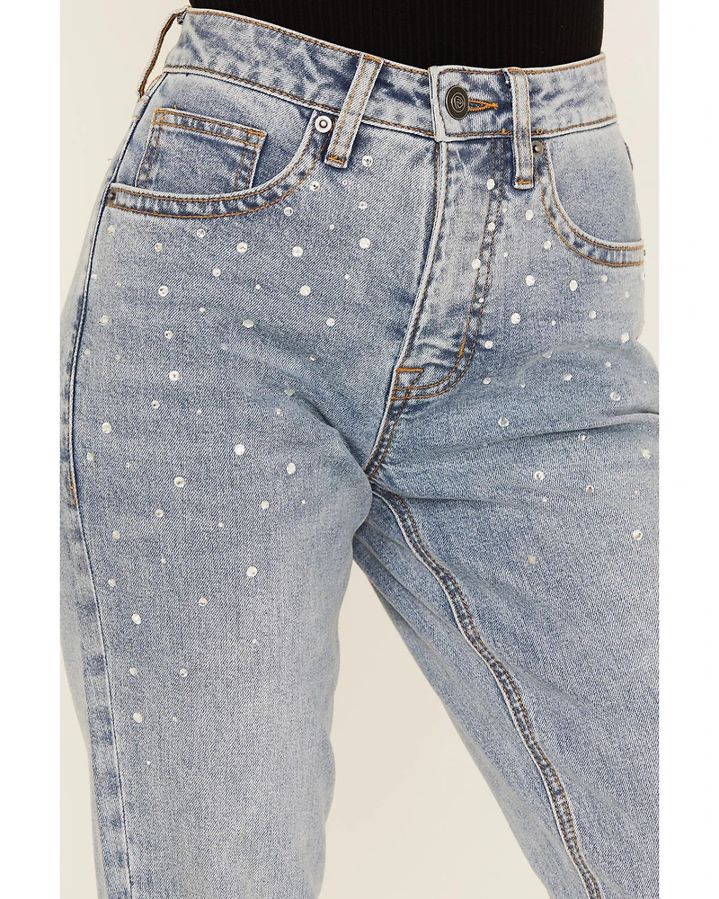 Rock & Roll Denim Women's Light Wash High Rise Rhinestone Studded Bootcut Stretch Jeans