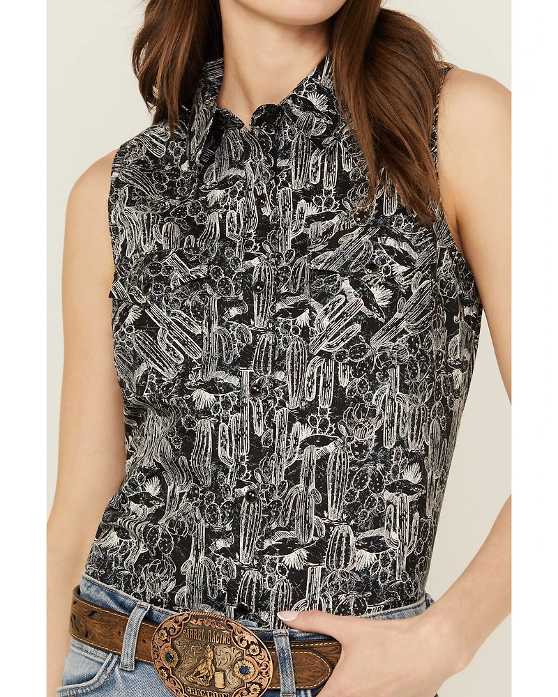 Wrangler Women's Cactus Print Sleeveless Snap Western Shirt