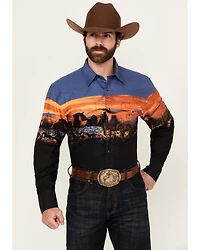 Wrangler Men's Checotah Border Print Long Sleeve Snap Western Shirt