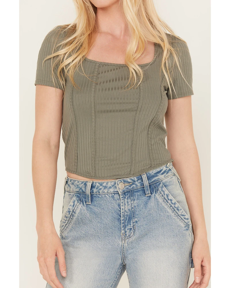 Moa Women's Ribbed Corset Style Short Sleeve Top