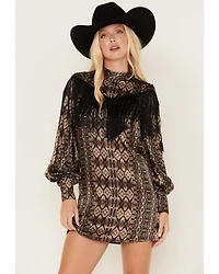 Shyanne Women's Long Sleeve Satin Fringe Mode Mini Dress