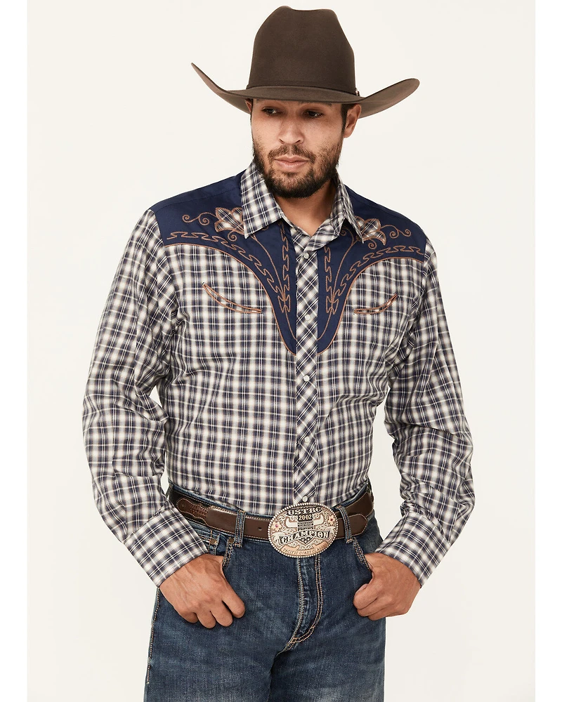 Roper Men's Plaid Print Embroidered Long Sleeve Pearl Snap Western Shirt