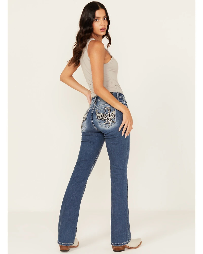 Miss Me Women's Medium Wash Mid Rise Fleur de Lis Pocket 32" Bootcut Stretch Denim Jeans
